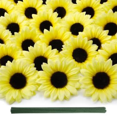 Imagem de Coferset 40 cabeças falsas de girassol com hastes, flores de seda artificial de girassol de outono de 10 cm para festa, chá de bebê, casamento, artesanato, decoração de outono (amarelo creme)