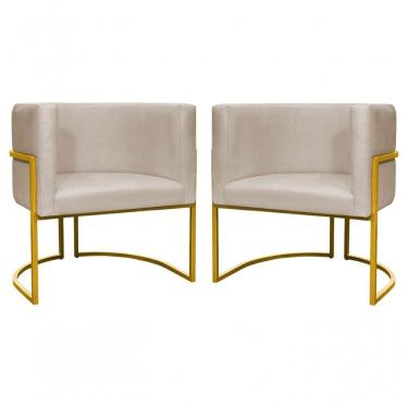 Imagem de Kit 2 Poltronas Decorativa Luxo Base De Metal Dourada Escritório Recepção Sala Suede Bege Eli Móveis E Decoração