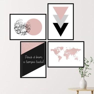 Imagem de Kit 4 Quadros Geométricos Com Frase Deus 45X34Cm