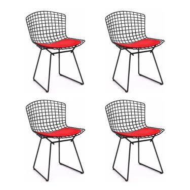 Imagem de Kit 4 Cadeiras Bertoia Preta Com Assento Vermelho