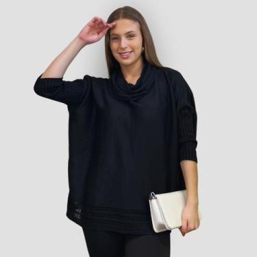 Imagem de Poncho Feminino Tricô Lã Gola Alta Quente Inverno Estilo - GIP, Preto,