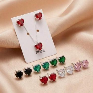 Imagem de Conjunto Zircônia Mini Coração  Prata 925  Brincos + Pingente + Corren