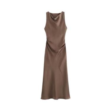 Imagem de Vestido Midi Elegante De Cetim Sem Mangas Com Decote Drapeado Para Mul