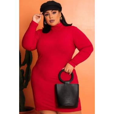 Imagem de Vestido curto Plus Size Manga longa cacharrel gola alta - Tropicana Mo