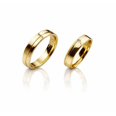 Imagem de Par de Aliança Casamento Compromisso Cravejada E Friso Banhado a Ouro 