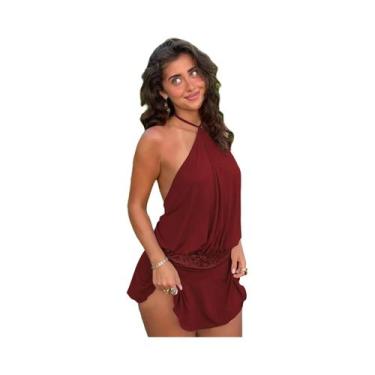 Imagem de Vestido Mini Feminino Halter Sem Costas Com Renda E Bandagem, Moda Ver