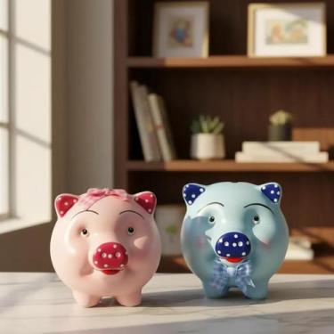 Imagem de Cofrinho Cofre Porco Laço Kit 2 Peças Ceramica Rosa e Azul - HP Decor