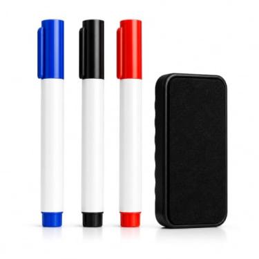 Imagem de Kit 3 Marcadores de Quadro Branco + Apagador – Cores Clássicas, Ponta Resistente e Apaga Fácil