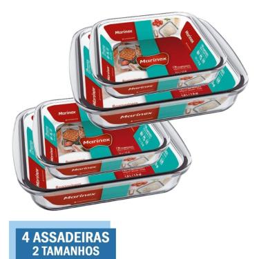 Imagem de Kit 4 Travessas Assadeira Vidro 2 Tamanhos 1,1L 1,8L Marinex