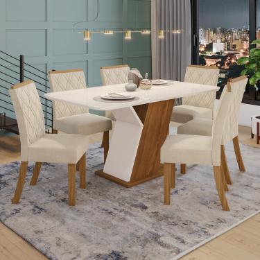Imagem de Conjunto Sala de Jantar Tampo MDF com Vidro Canto Arredondado 160 Cm 06 Cadeiras Lupita Casa 812 - Nature com Off White e Linho