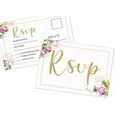 Imagem de 50 cartões RSVP, em branco, sem necessidade de envelopes, padrão floral bonito, casamento, ensaio, convite para chá de panela salvar a data A6