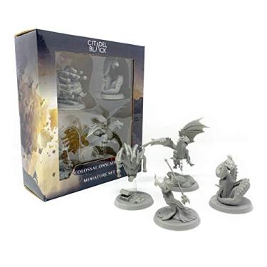 Imagem de Citadel Black Conjunto de miniaturas colossal Onslaught – Pacote com 4 – Base grande de 50 mm, mini BBEG sem pintura, inclui Dragon, Lich, Beholder Basilisk