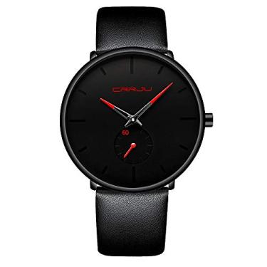 Imagem de Relógios masculinos ultrafinos minimalistas à prova d'água - relógio de pulso moderno unissex com pulseira de couro, Vermelho, Estilo minimalista moderno
