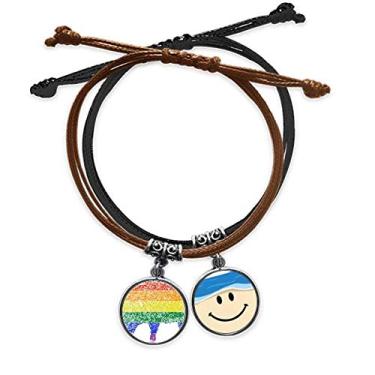 Imagem de DIYthinker Pulseira LGBT Rainbow Gay Porco LGBT com corrente de mão de couro com rosto sorridente
