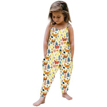 Imagem de Macacão infantil para meninas com estampa de coelhinho sem mangas, com alça fofa, macacão com suspensório, calça, Amarelo, 4-5 Anos