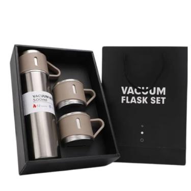 Imagem de Conjunto Frascos a Vácuo em Aço Inox, Garrafa 500ml, Embalagem Presente, Fit para Café, Chá Térmica Squeeze com 2 Canecas (Bege)