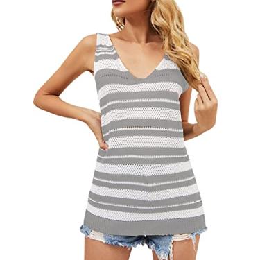 Imagem de Camiseta regata feminina tricotada estampada para sair, camiseta sexy de verão sem mangas, blusa floral, colete de festa, Cinza, P
