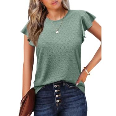 Imagem de Zeagoo Blusa feminina de verão gola redonda manga curta casual básica com babados moda blusa fofa 2024, Verde, M