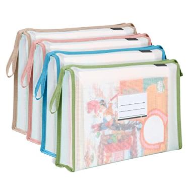 Imagem de Pacote com 4 pastas de plástico A4, envelopes de poli, carteira expansível com zíper e bolso para etiquetas, pastas de arquivos para casa, escritório, escola (4 cores)