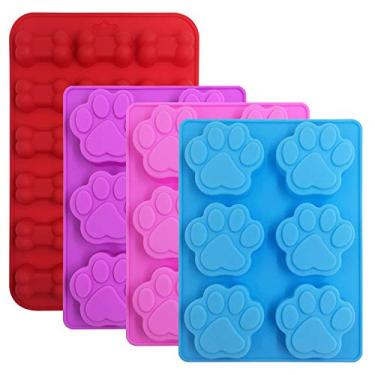 Imagem de 4 moldes de silicone para chocolate e doces, bandejas de cubos de gelo em forma de osso e pata de cachorro FineGood para fazer petiscos de cachorro congelados barras de sabão - vermelho, azul, roxo,