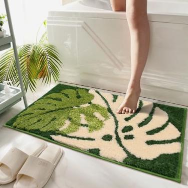 Imagem de Hi Space Tapete de banheiro 80 x 40 cm, tapete de banho de folhas verdes para banheiro, antiderrapante, lavável na máquina, macio, absorvente, fofo, tapete de banho de pelúcia para banheira, chuveiro,