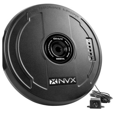 Imagem de NVX Caixa de subwoofer de pneu sobressalente QBSTA 900W Max (300W RMS) 28 cm com amplificador integrado e botão de baixo remoto, fácil de instalar em carros