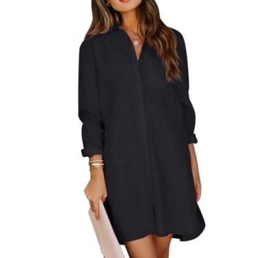 Imagem de YKR Vestido feminino com botões, túnica de algodão, manga comprida, estilo boyfriend, camisas com bolsos, Preto, M