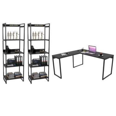 Imagem de Conjunto Escritório Estilo Industrial Mesa 150x150cm E 2 Estantes 60cm 5 Prateleiras