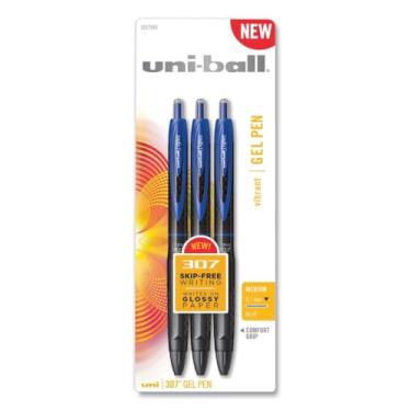Imagem de Caneta de gel uniball 307, retrátil, média 0,7 mm, tinta azul, barril azul, pacote com 3