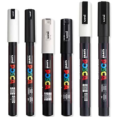 Imagem de Posca - Conjunto de canetas marcadoras de tinta ultrafina a fina - PC-1MR, PC-1M, PC-3M - Tinta branca e preta - Pacote com 6