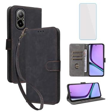 Imagem de IUQXU Capa carteira para celular Realme C67 4G com protetor de tela [bloqueio RFID] Suporte de cartão flip de couro com alça de pulso feminina masculina capa de celular para Realme C 67 4G LTE preta