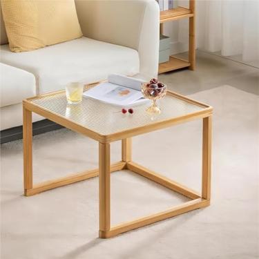 Imagem de Mesa de centro de vidro, mesas de centro pequenas para espaços grandes ou pequenos, mesas de cabeceira de vime, mesa central de 2 camadas com comprimento ajustável, para sala de estar, quarto