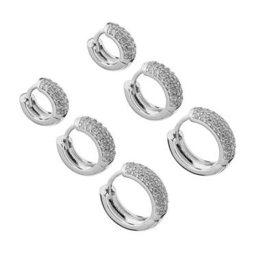 Imagem de Kit 3 pares Brinco Cravejada Trio Argola BANHADA A PRATA 925 2 Fileira
