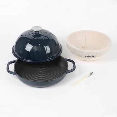 Imagem de HAWOK Forno de pão de ferro fundido com tampa cloche, diâmetro 25 cm, com cesta de impermeabilização e faca de pontuação de massa, assadeira de fermento, esmaltada azul marinho