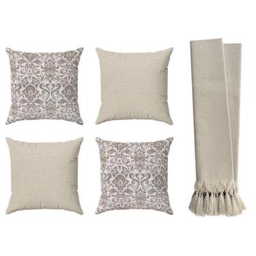 Imagem de Kit 4 Capas De Almofadas 70x70 Grandes Bege Cru + Manta Para Sofá Luxo