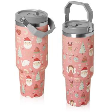 Imagem de MOQRUAO Copo de Natal de 1,134 g com alça e canudo, aço inoxidável isolado com alça, caneca de viagem de café para chá, latte, chocolate quente sazonal de Natal para mulheres (rosa)