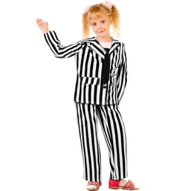 Imagem de Haysandy O terno infantil listrado preto e branco inclui blazer listrado com frente aberta e calça comprida com gravata para o Dia das Bruxas, Preto, branco., 9-10 Anos