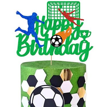 Imagem de Topper de bolo de futebol decoração de bolo de aniversário para meninos homens glitter futebol feliz aniversário decorações tema esportivo suprimentos de festa