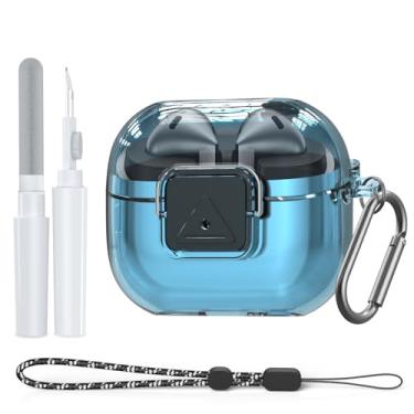 Imagem de Capa para Samsung Galaxy Buds3 FE (2025) / Buds3 Pro (2024) / Buds 3 (2024) com clipe de bloqueio seguro, capa transparente de TPU flexível com kit de limpeza, mosquetão e cordão (azul claro)