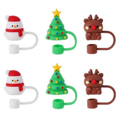 Imagem de 6 peças de capa de palha de silicone de Natal para copo Stanley, topo de palha de feriado de 10 mm compatível com copo de 30 e 1,134 g, tampa de palha festiva à prova de poeira, acessórios de topo de