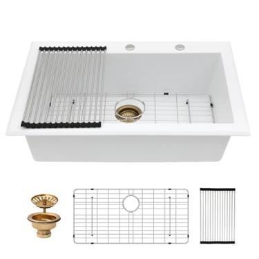 Imagem de Couoko Pia de cozinha de 83 x 55 cm, pia de cozinha composta de granito branco, granito, tigela única grande e profunda na parte superior da pia clássica