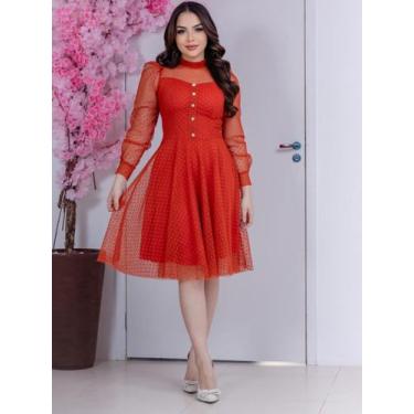 Imagem de Vestido Midi com Manga Longa Tule Poa com Botões - Vestidos de Festa, 