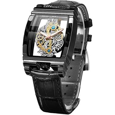 Imagem de FORSINING Relógio masculino de luxo com esqueleto vazado, retrô, lindo design de escultura retangular, com mostrador grande, cinto de couro e pulseira de aço inoxidável, relógio de pulso de quartzo, relógios não mecânicos, Preto e preto, Mecânico, relógio esqueleto