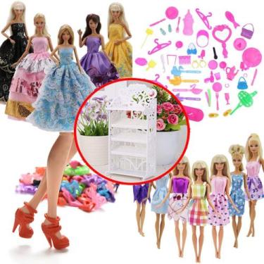 Imagem de Kit para Bonecas Roupas e Acessórios Sapatos Mini Sapateira Vestidos L
