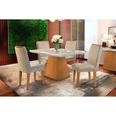 Imagem de Conjunto: Mesa de Cozinha Luna Tampo Madeirado c/ Vidro Canto Reto 120x80cm e 4 Cadeiras Lunara Capuccino/Suede Capuccino - Rufato