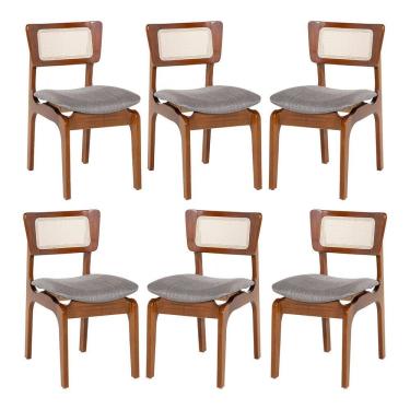 Imagem de Kit 6 Cadeiras de Jantar Portugal em Madeira Imbuia Tela Rattan Linho Cinza L55