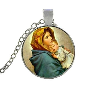 Imagem de Colar Maria Mãe do Bebê Jesus com pingente virgem abençoado joia moderna colar redoma de vidro Prata