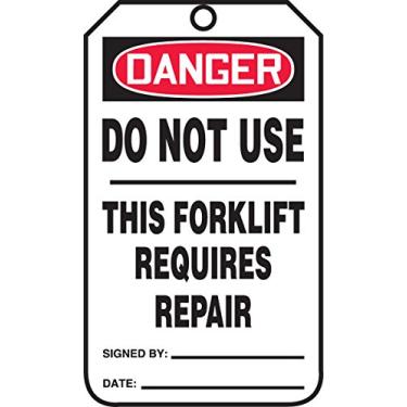 Imagem de Accuform Etiqueta de segurança TRS338PTP RP-Plástica, legenda: "Danger DO NOT USE This Forklift Requires Repair", 14,6 cm de comprimento x 8,3 cm de largura x 0 cm de espessura, vermelho/preto sobre