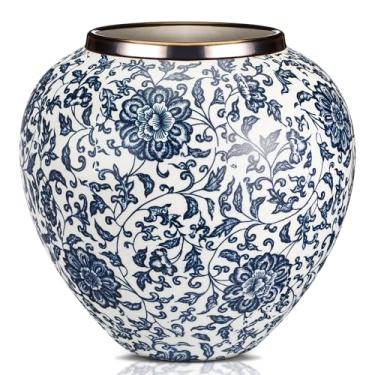 Imagem de Mimorou Vasos azuis e brancos de cerâmica vintage chinoiserie floral 21 cm H terracota floral redondo rústico vaso grande para decoração de casa centro de mesa decoração de sala de estar