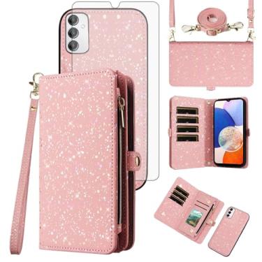 Imagem de Asuwish Capa de celular para Samsung Galaxy A14/M14 5G com zíper carteira magnética destacável com protetor de tela de vidro temperado e compartimento para cartão com glitter, suporte celular A 14 4G